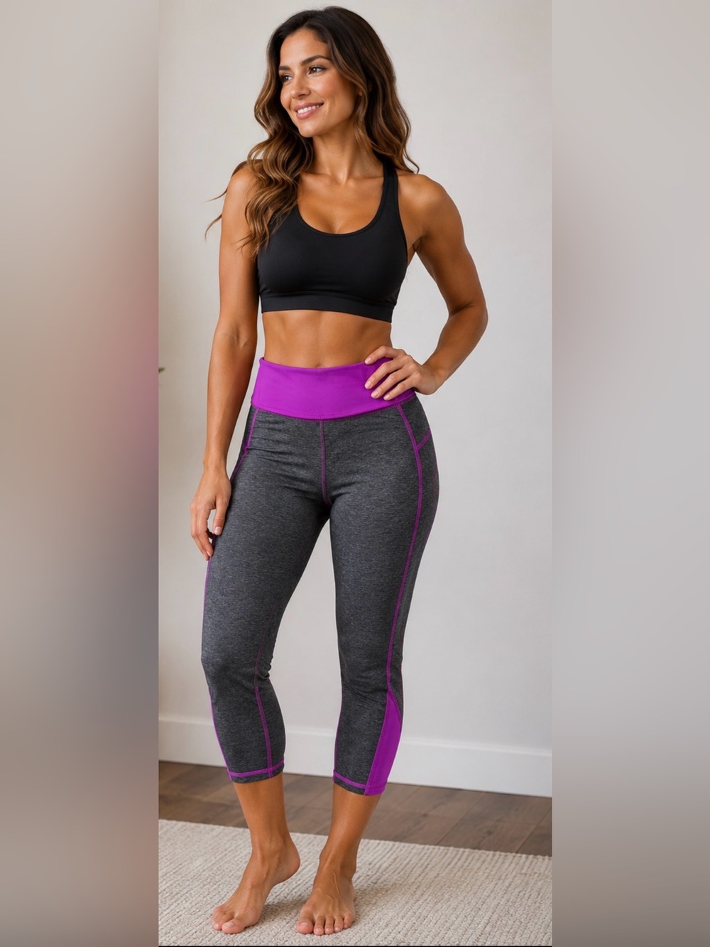 XERSION Women's High-Waist Capri Leggings — Charcoal with Purple Accent